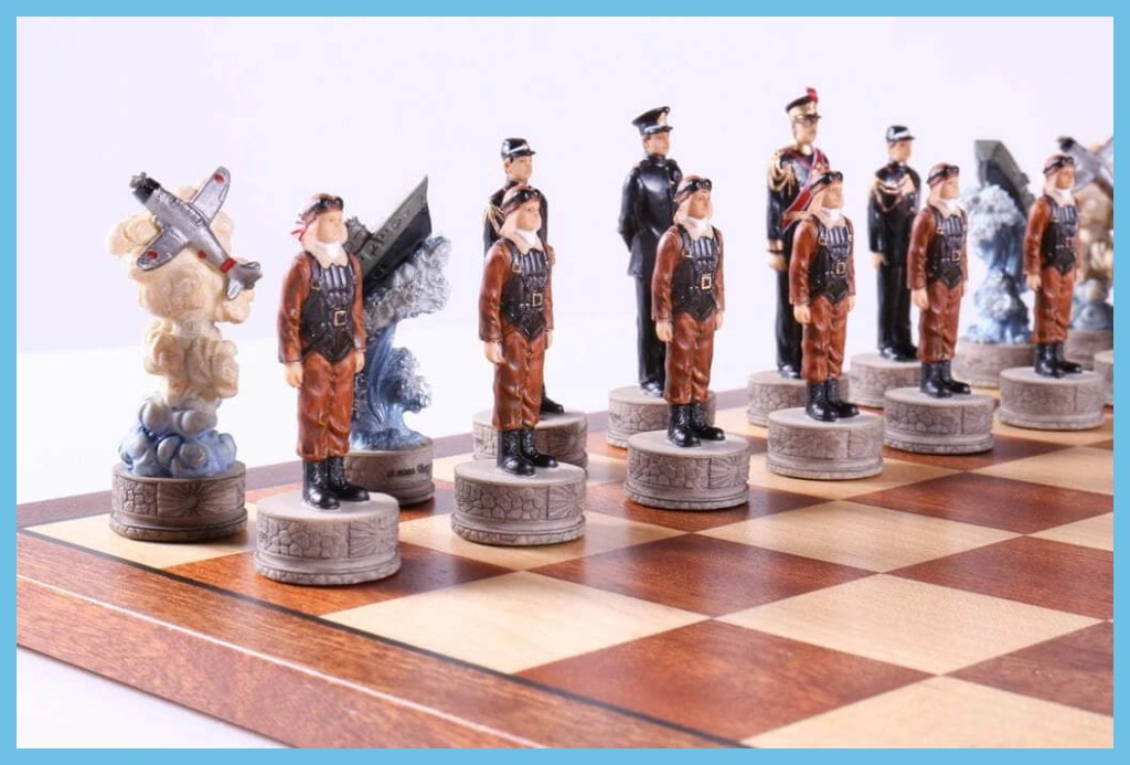 WW2 PEARL HARBOR US vs Japan Chess Set W/ 17" EBONY & BIRDSEYE MAPLE WOOD BOARD 